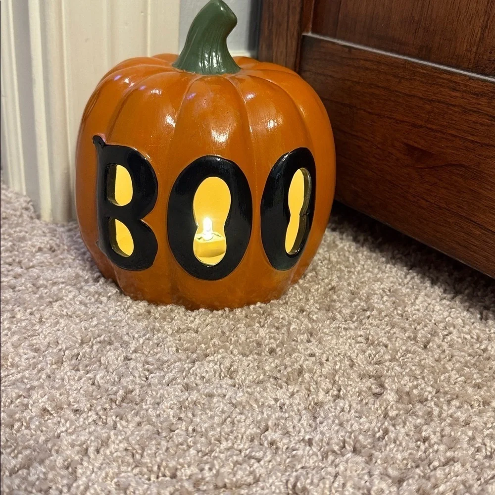 Decorative Light Up Boo Halloween Orange Pumpkin (green stem) Approximately 6”